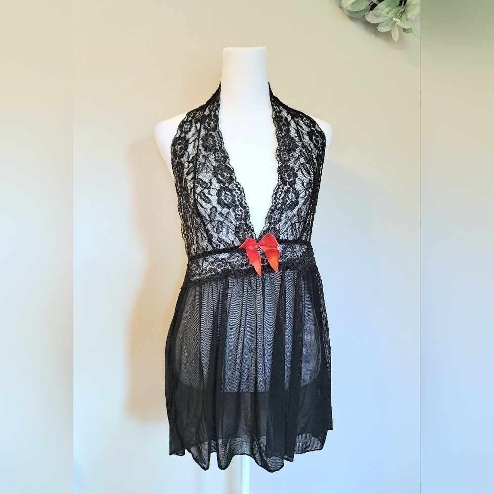 BLACK Lace Neck Night Dress Red Bow Women's